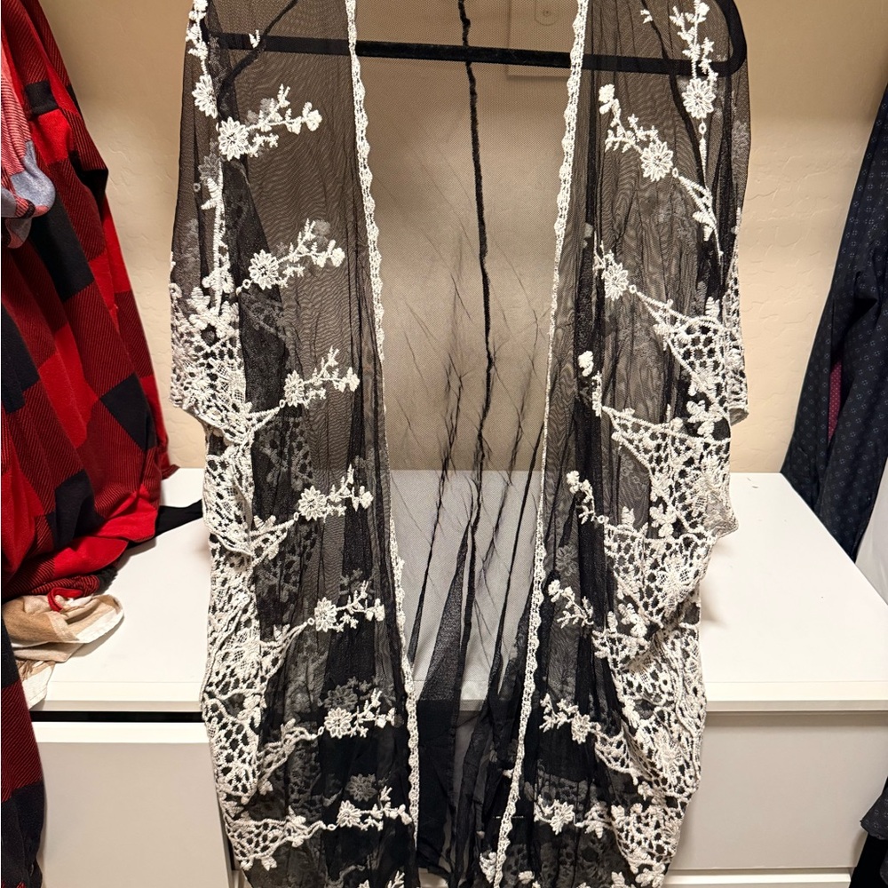 Black Sheer Kimono with White Floral Embroidery